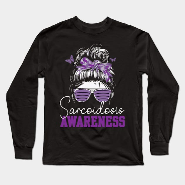 Messy Hair Bun Purple Ribbon Butterfly Sarcoidosis Awareness Long Sleeve T-Shirt by Shopinno Shirts